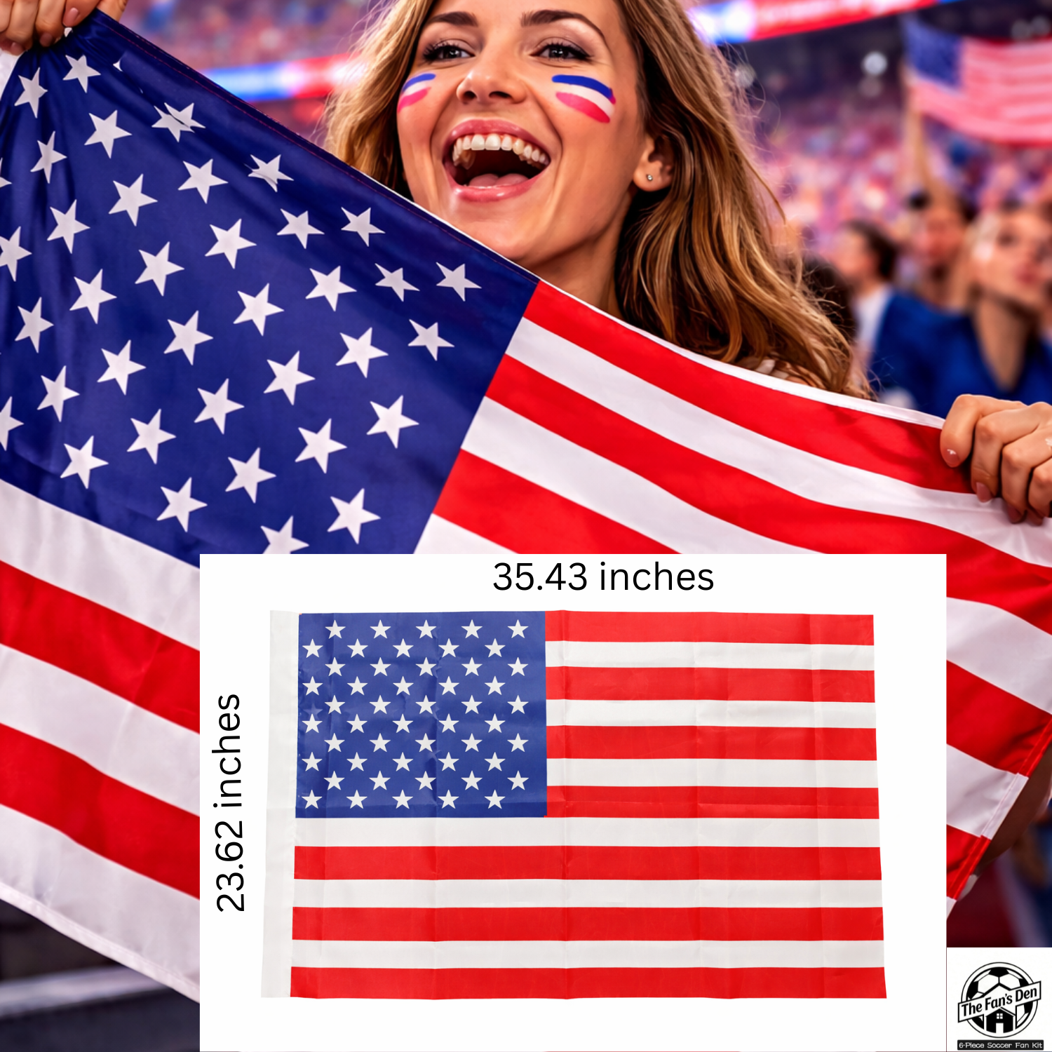 USA Fan Kit, 6-in-1 Celebration Prop Set with Flag Sunglasses, Hand Clapper, Scarf, Bracelet, Whistle and Face Paint